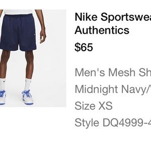 Men’s Nike Mesh Shorts. XS. Midnight Navy. Brand New